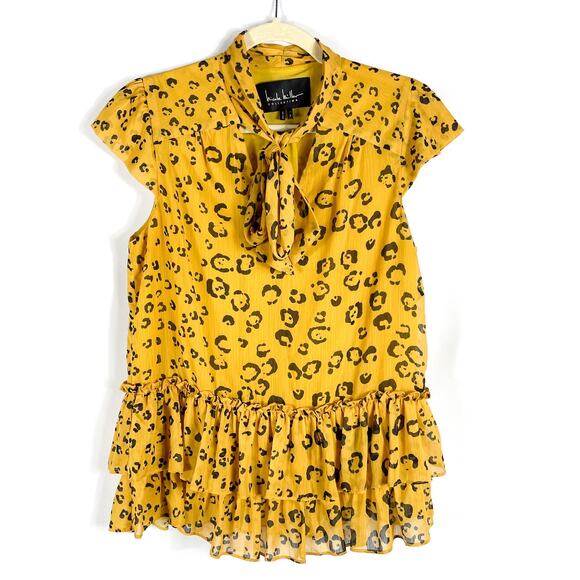 Nicole Miller Yellow Leopard Top Bow Neck Tie Blouse Cap Sleeve Ruffle Sz S - Picture 3 of 9